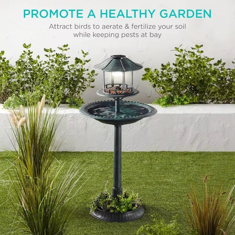 Solar-Powered Bird Bath on Stand with Built-In Planter & LED Lamp