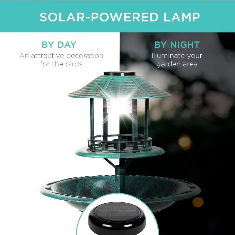 Solar-Powered Bird Bath on Stand with Built-In Planter & LED Lamp