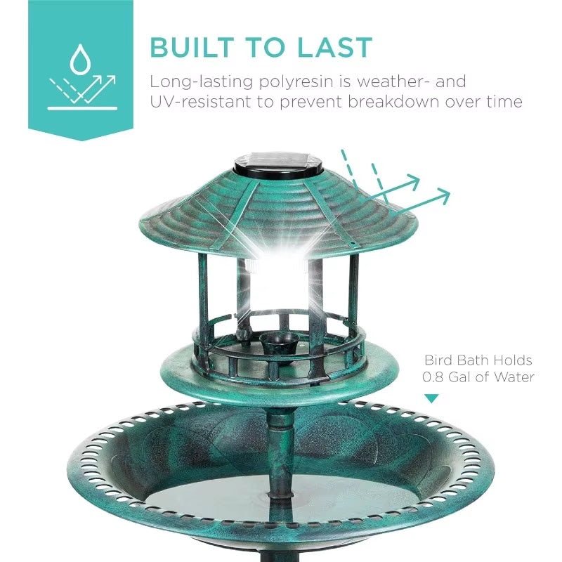 Solar-Powered Bird Bath on Stand with Built-In Planter & LED Lamp