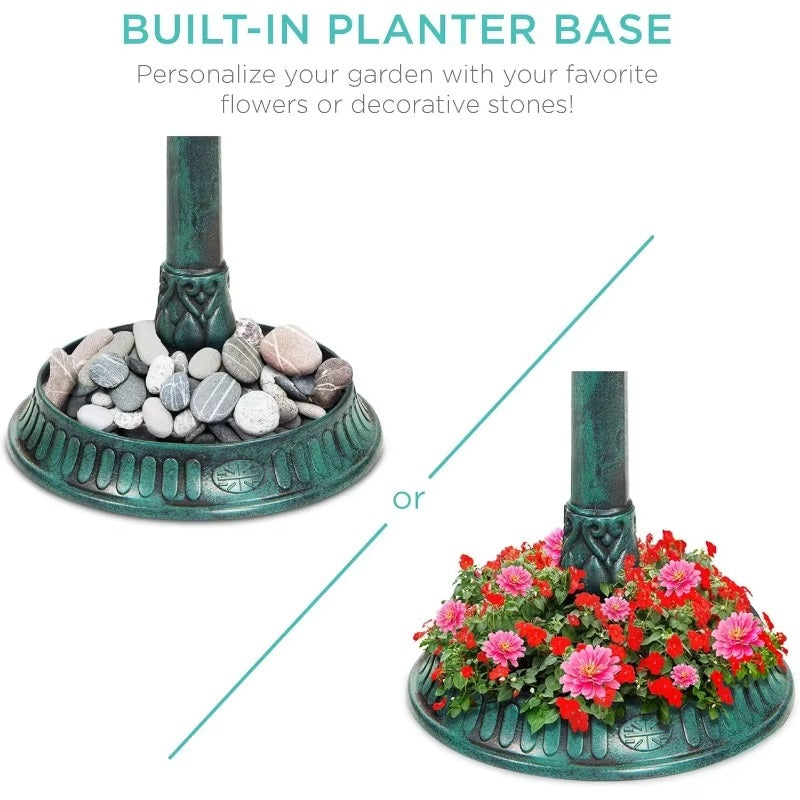 Solar-Powered Bird Bath on Stand with Built-In Planter & LED Lamp