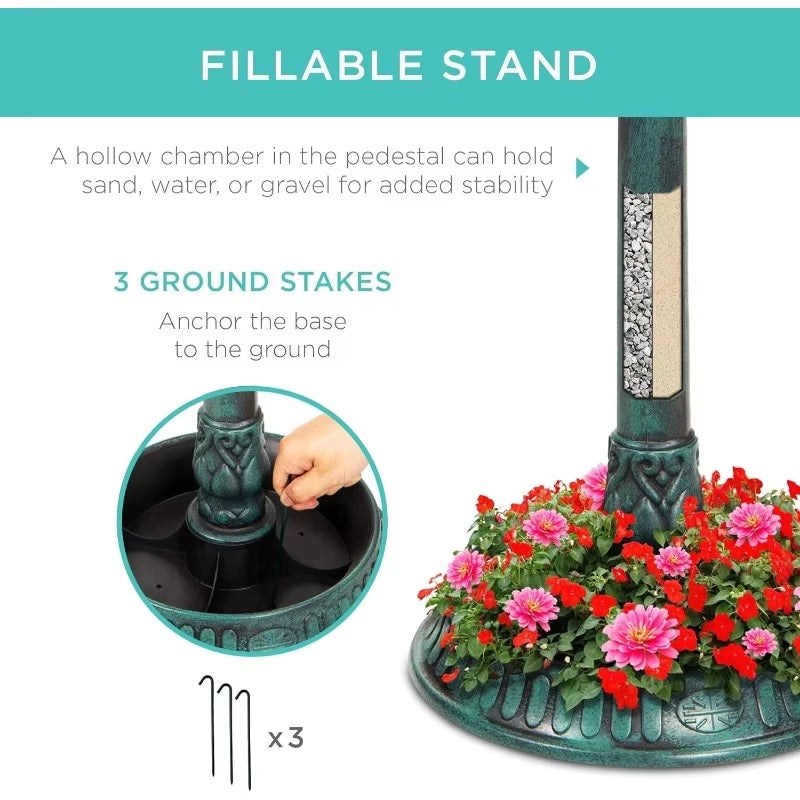 Solar-Powered Bird Bath on Stand with Built-In Planter & LED Lamp