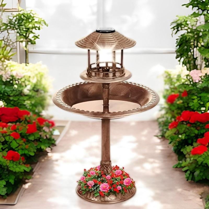 Solar-Powered Bird Bath on Stand with Built-In Planter & LED Lamp