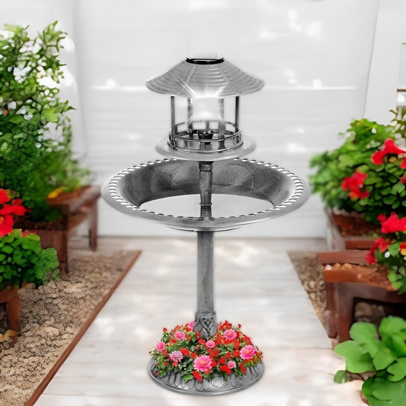 Solar-Powered Bird Bath on Stand with Built-In Planter & LED Lamp