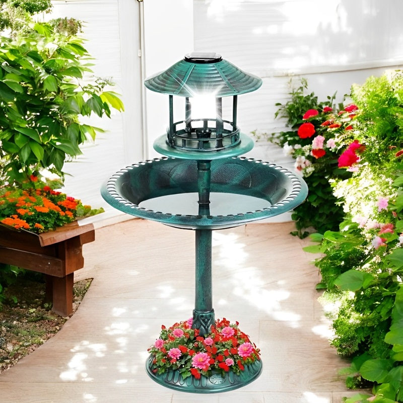 Solar-Powered Bird Bath on Stand with Built-In Planter & LED Lamp