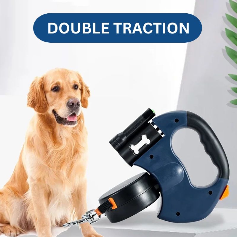 10F Dual Retractable Dog Leash with Built-In Flashlight & Waste Bag Holder