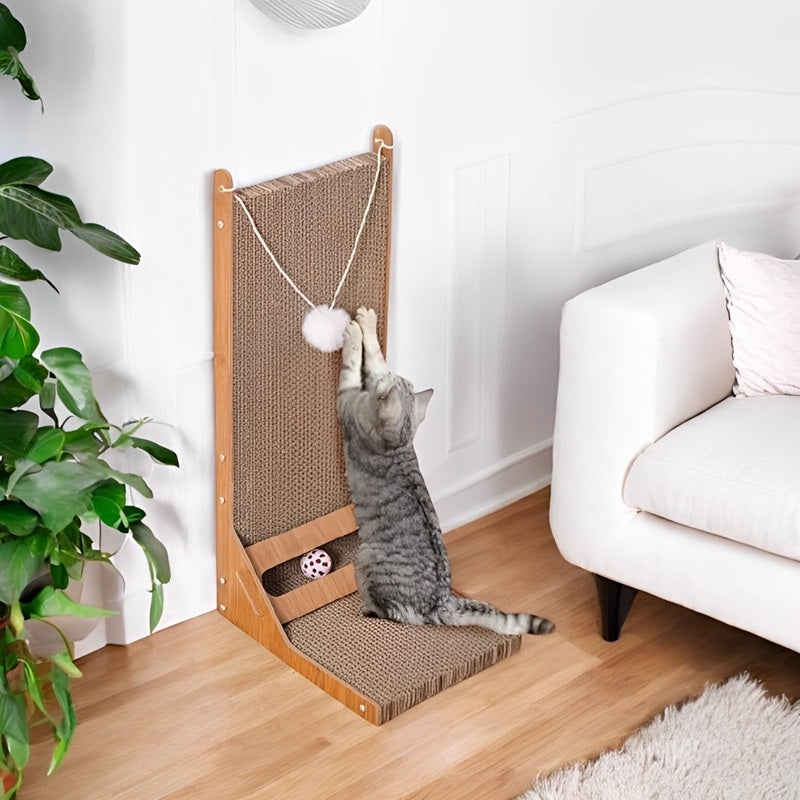 L-Shaped Cat Scratcher with Toy Ball and Multi-Angle Design