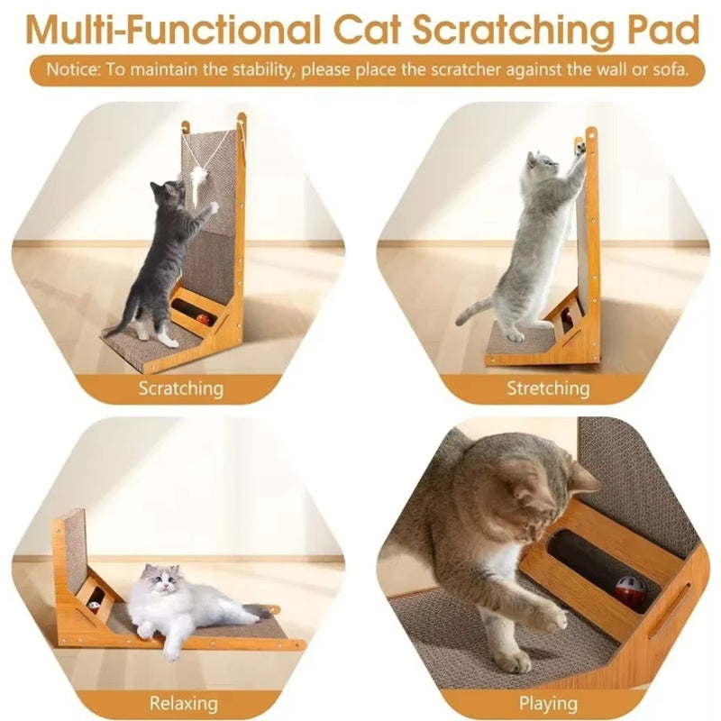 L-Shaped Cat Scratcher with Toy Ball and Multi-Angle Design