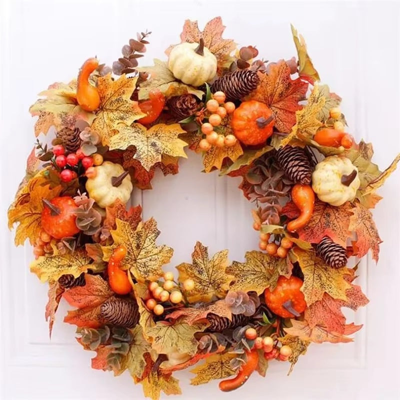 Versatile Holiday Wreath with Maple Leaves and Pumpkins – 20” x 20”