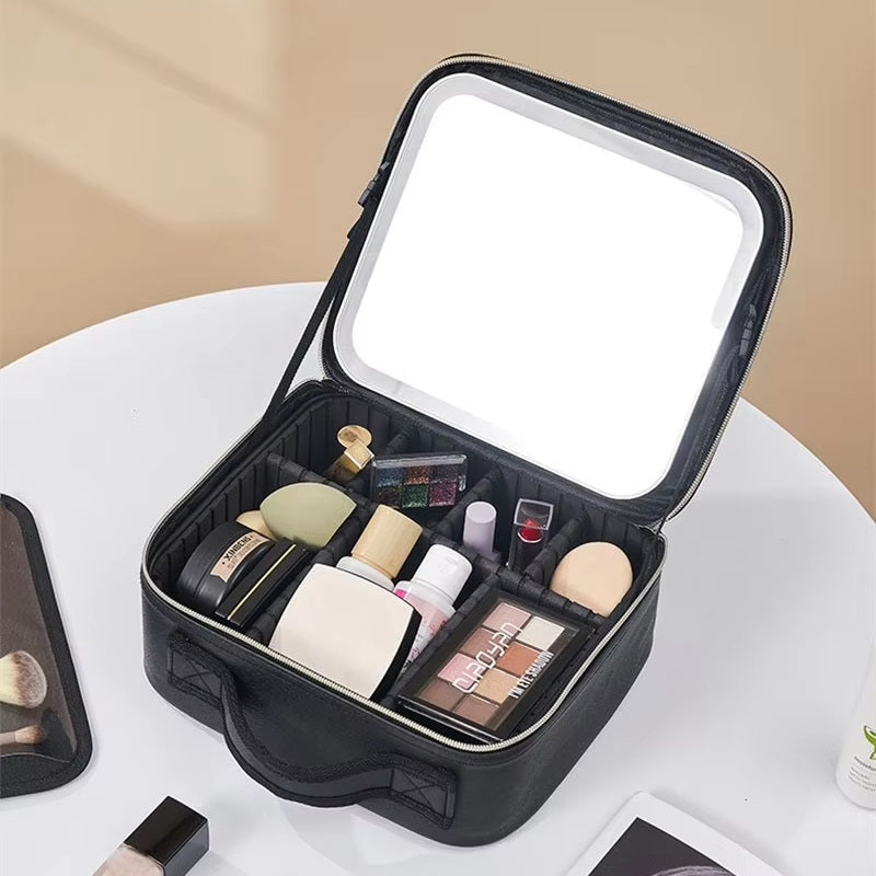 Travel Makeup Bag with LED Mirror and Spacious Storage