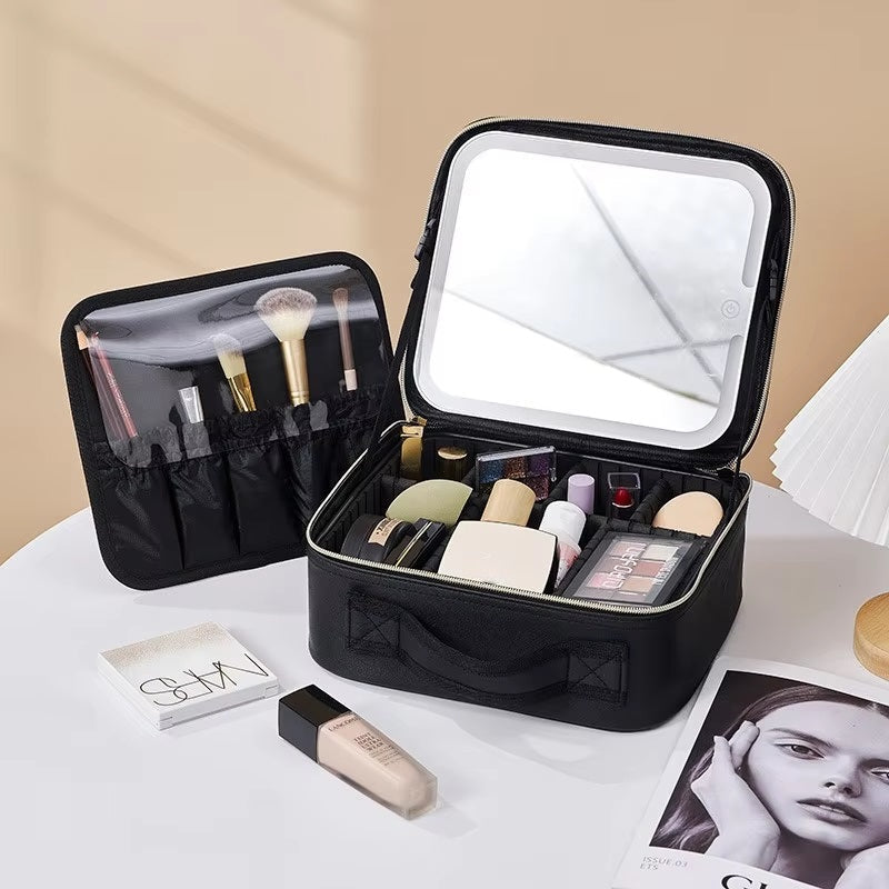 Travel Makeup Bag with LED Mirror and Spacious Storage