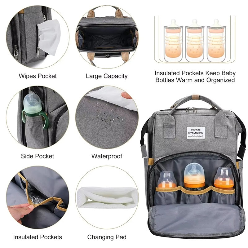 Multifunctional Diaper Bag with Foldable Crib and Changing Pad