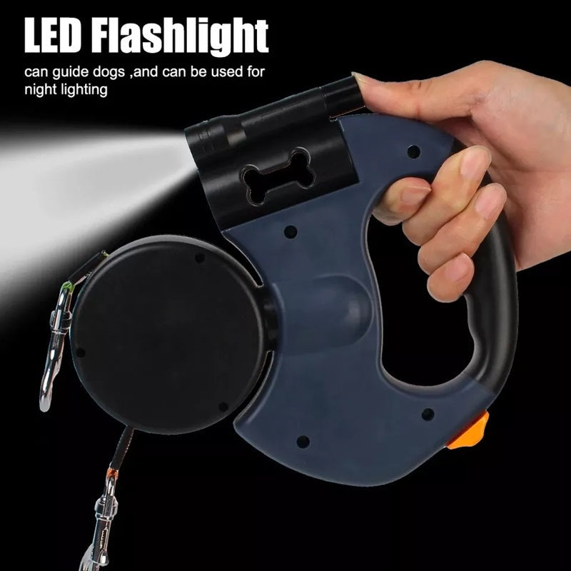 10F Dual Retractable Dog Leash with Built-In Flashlight & Waste Bag Holder