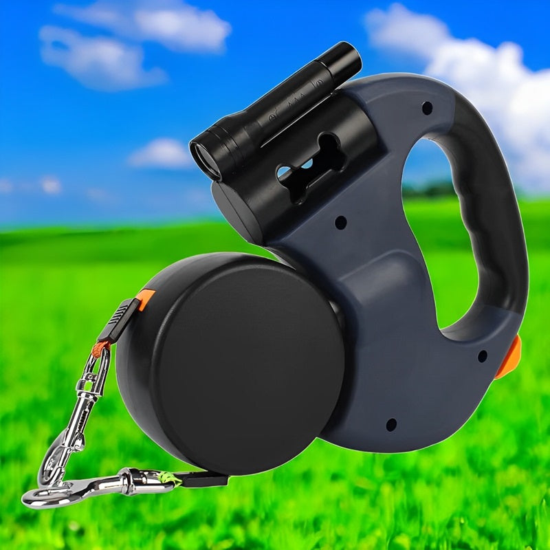 10F Dual Retractable Dog Leash with Built-In Flashlight & Waste Bag Holder