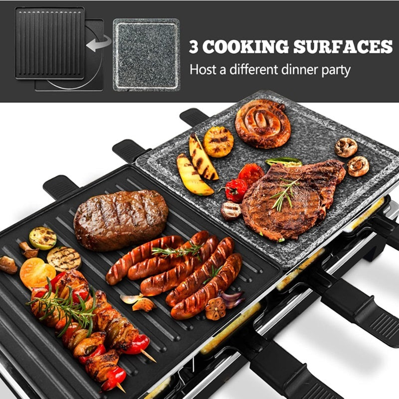 Electric Grill with Reversible Non-Stick Plate and Raclette Trays for Indoor Cooking