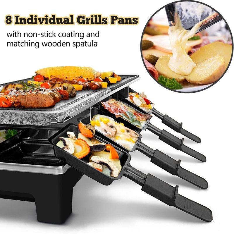 Electric Grill with Reversible Non-Stick Plate and Raclette Trays for Indoor Cooking