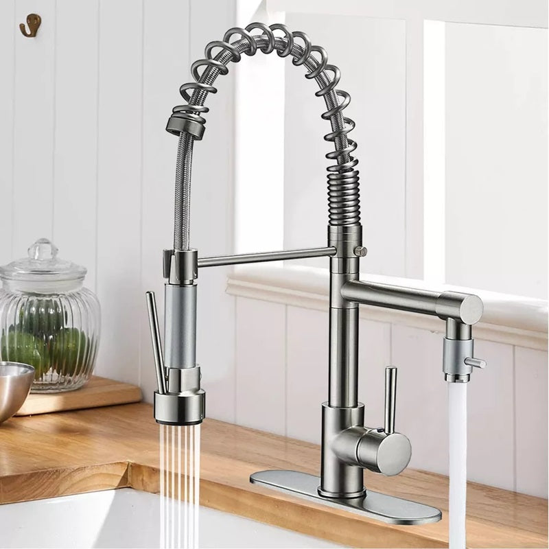 360° Stainless Steel Kitchen Faucet with Pull-Down Spring Spout