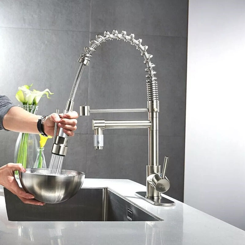 360° Stainless Steel Kitchen Faucet with Pull-Down Spring Spout