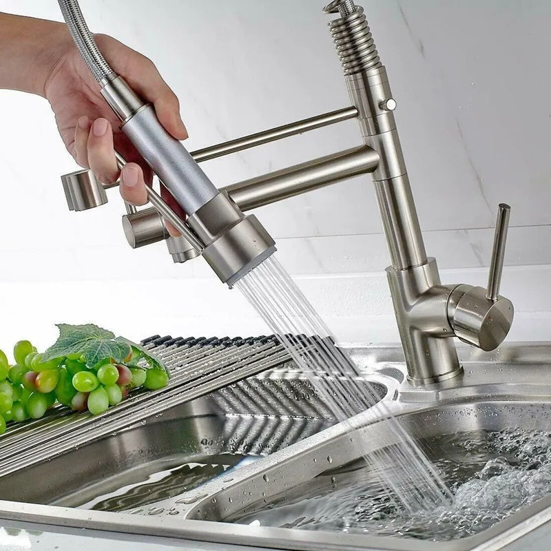 360° Stainless Steel Kitchen Faucet with Pull-Down Spring Spout