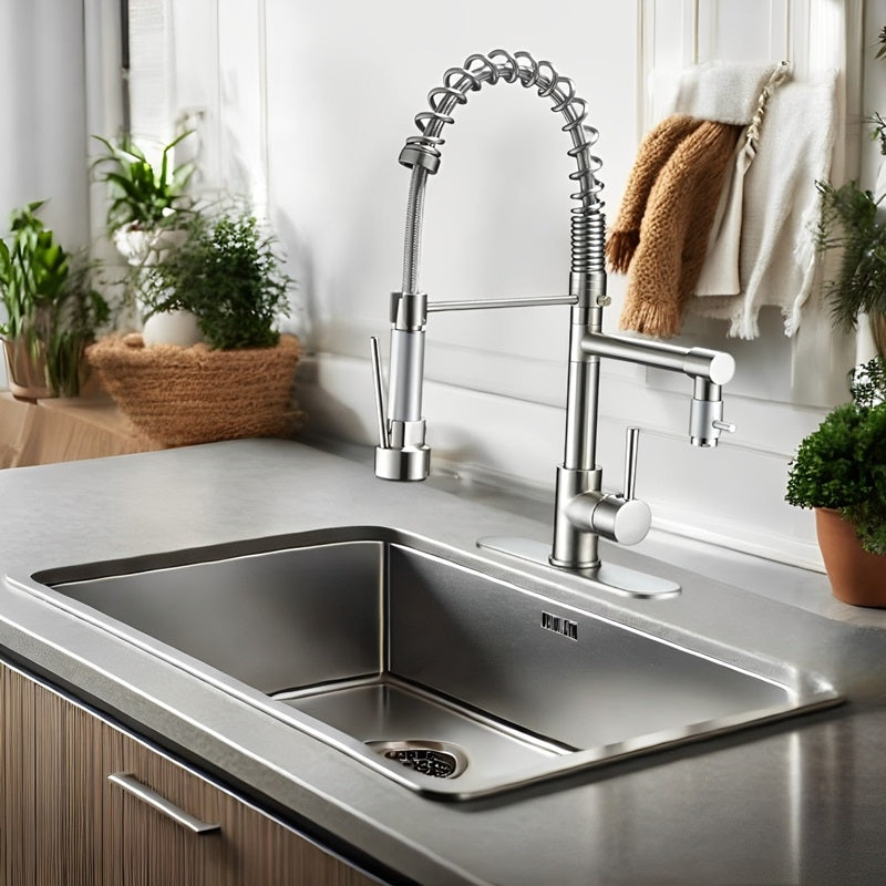 360° Stainless Steel Kitchen Faucet with Pull-Down Spring Spout