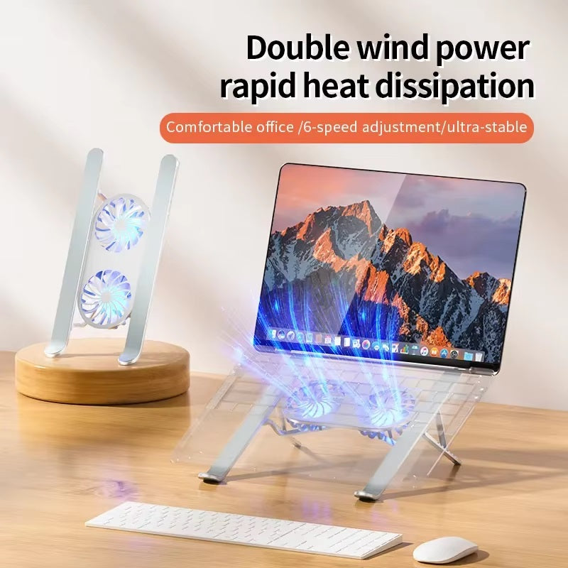 Foldable Laptop Stand with 360° Rotating Cooling Fans and Adjustable Height