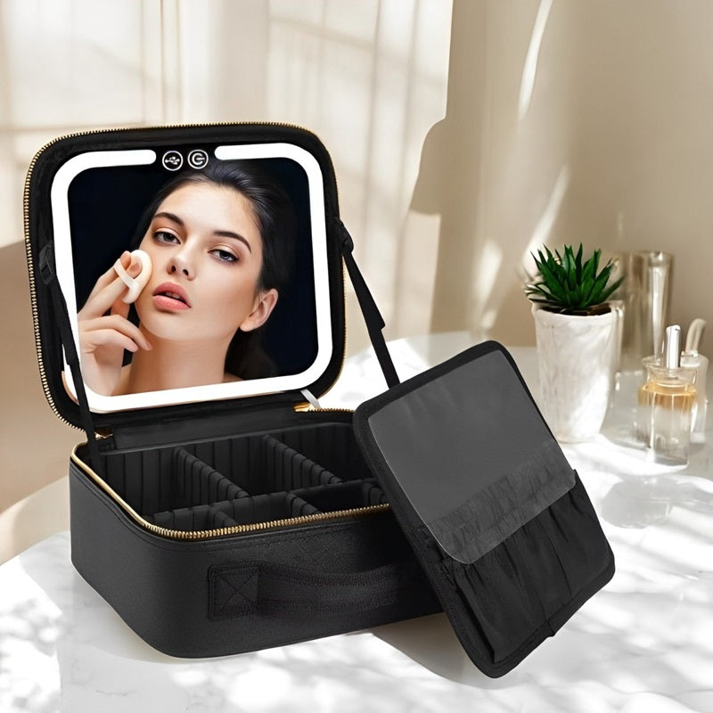 Travel Makeup Bag with LED Mirror and Spacious Storage